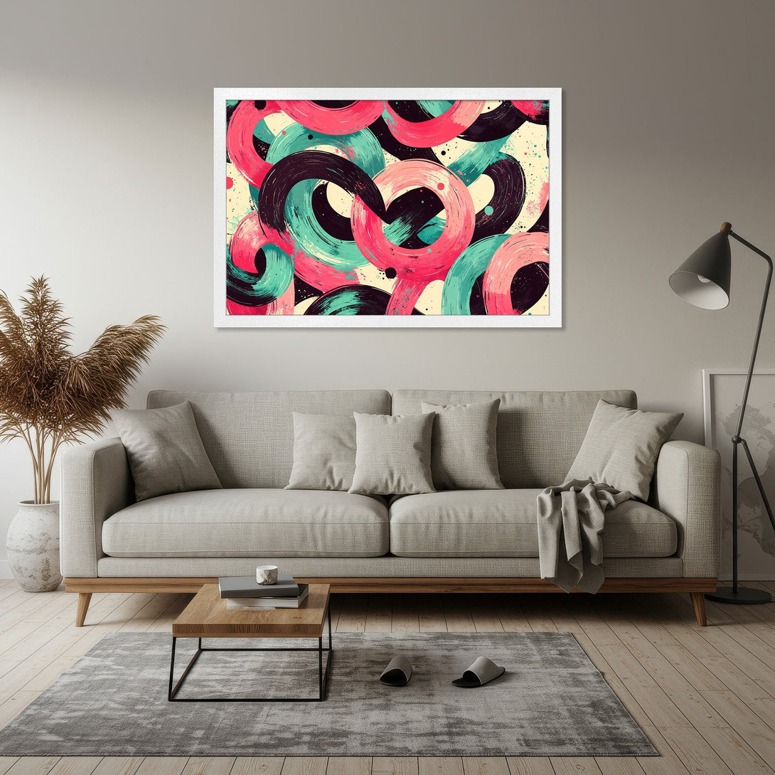 Framed Poster featuring abstract circles in vibrant pink, teal, and black, a modern art style. Perfect wall decor!