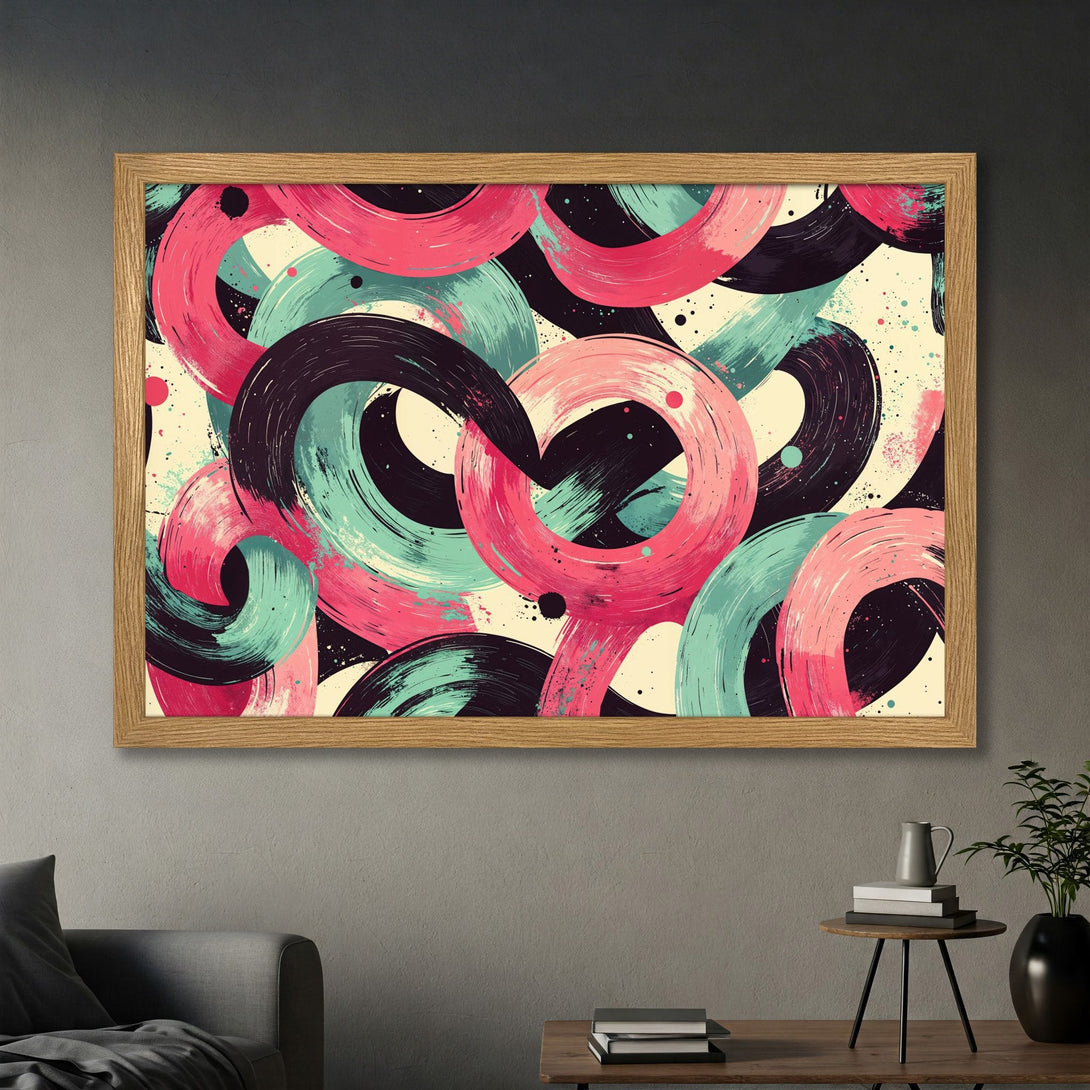 Framed Poster featuring abstract brushstroke circles in pink, teal, and black. Modern art style with a vibrant color palette.