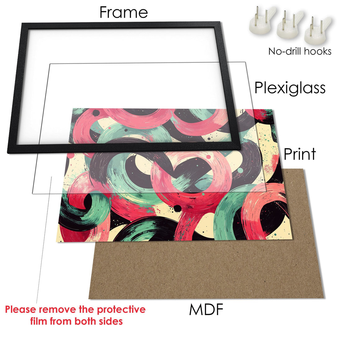 Framed Poster featuring abstract brushstroke art in pink, green, and gray. Modern wall decor.