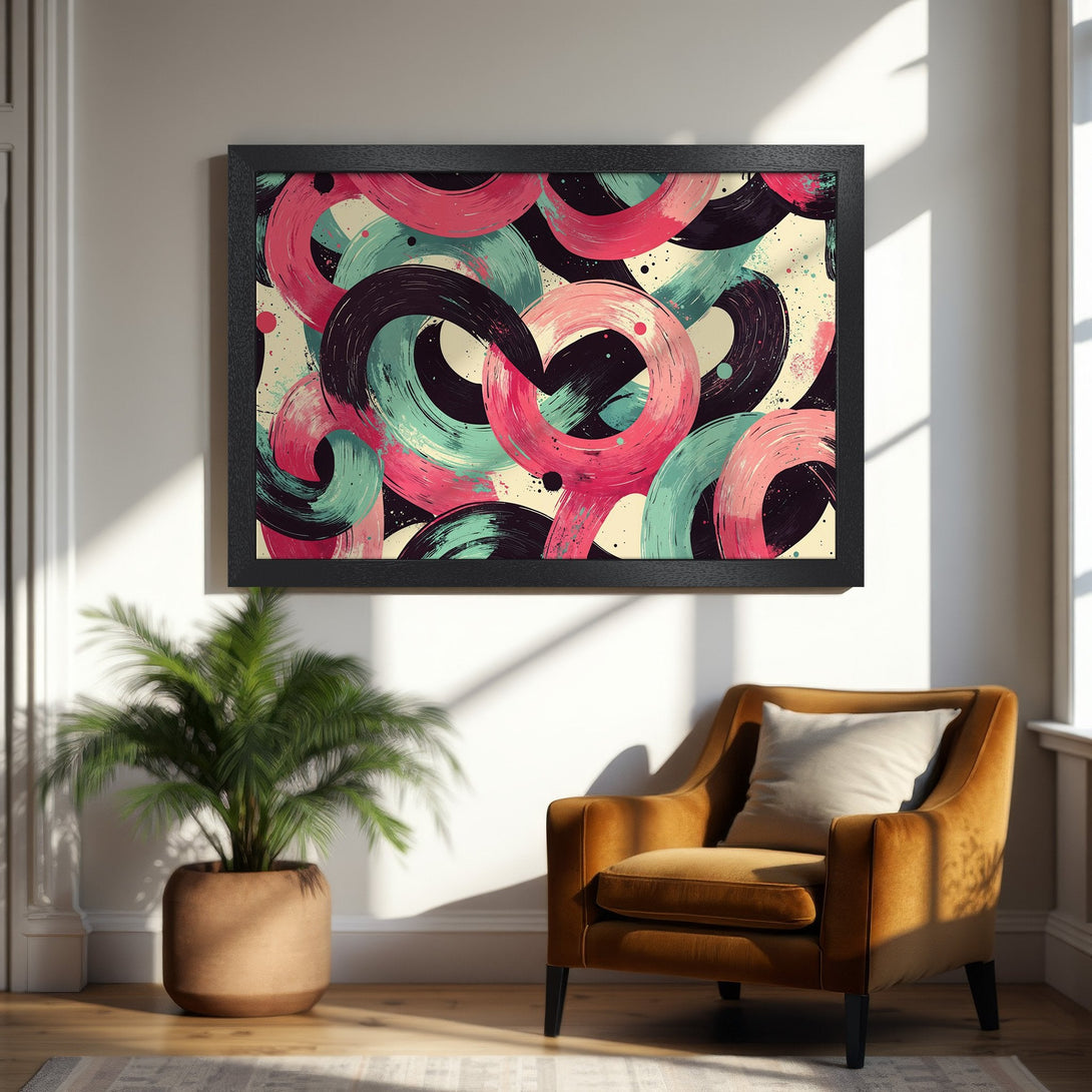 Framed Poster featuring abstract art with pink, teal, and black brushstrokes. Modern wall decor for any space.