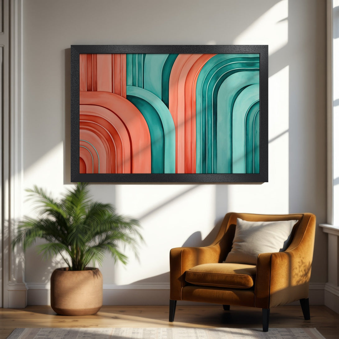 Framed Poster featuring an abstract arch design in coral and teal. Modern art style, perfect wall decor.