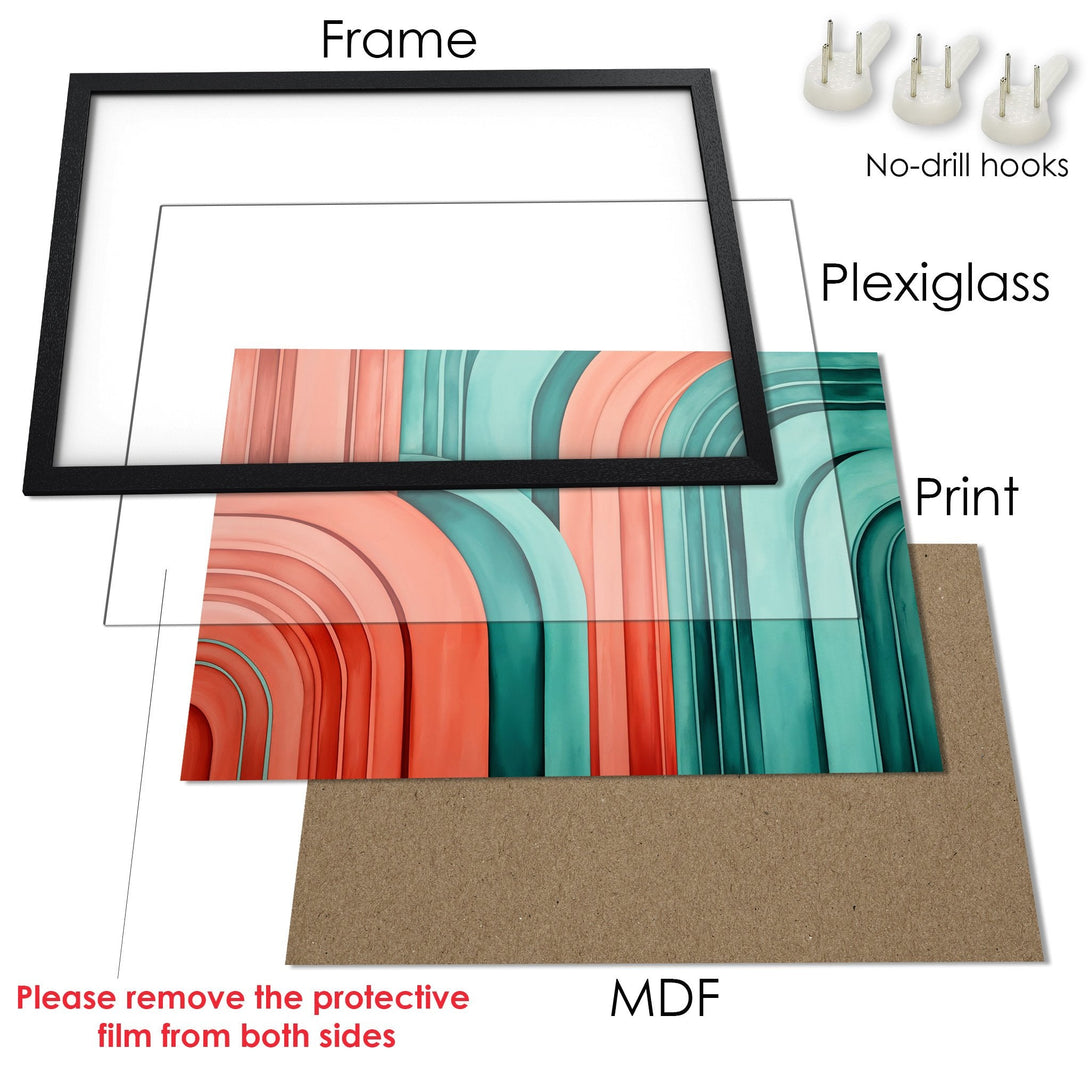 Framed Poster art print with abstract design in coral and teal. Modern wall decor for your home.