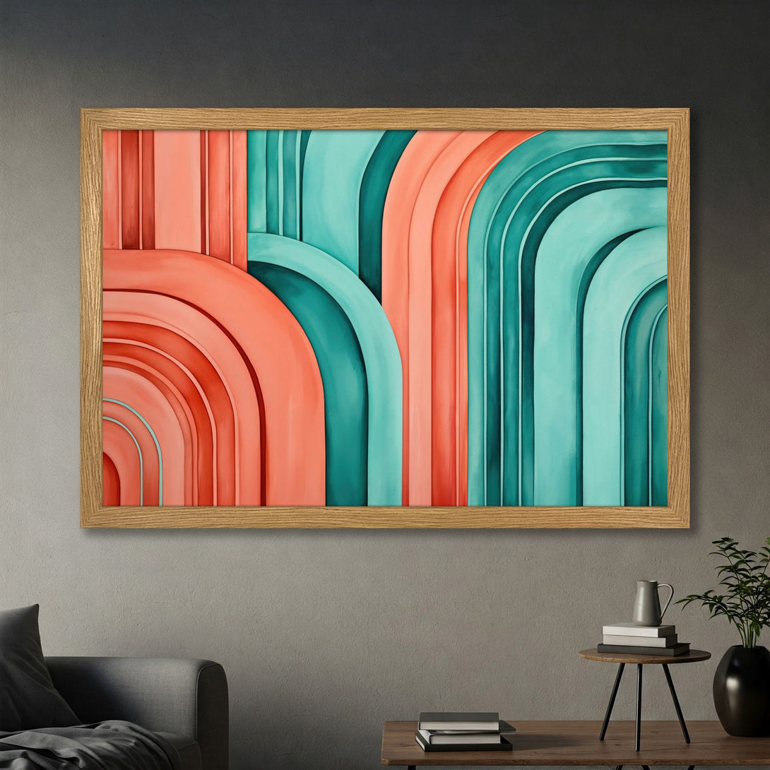 Framed Poster featuring abstract arch design in coral and teal. Modern art style, perfect for home decor.