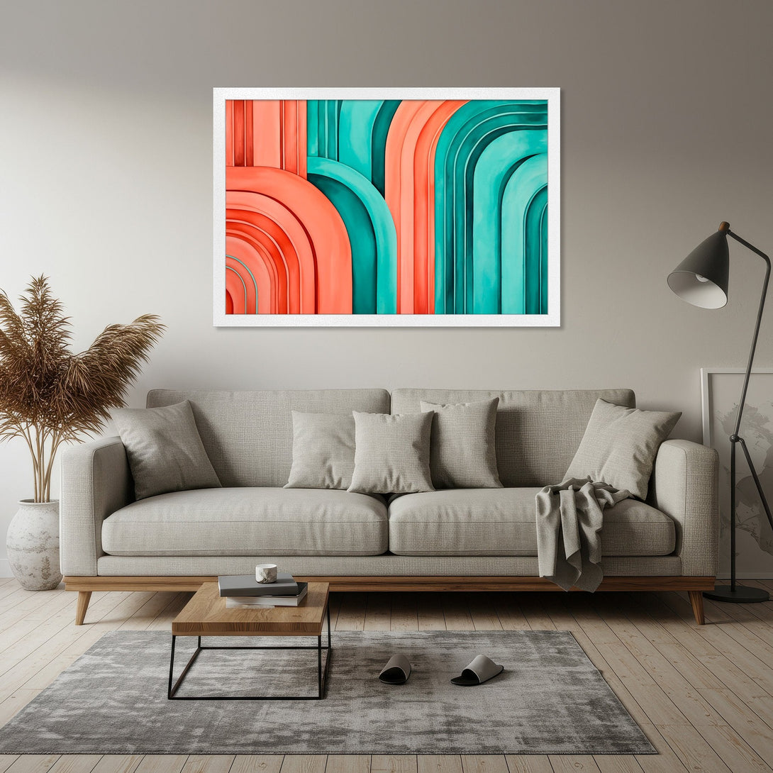 Framed Poster featuring abstract arches in coral and teal, modern style, perfect for home decor.