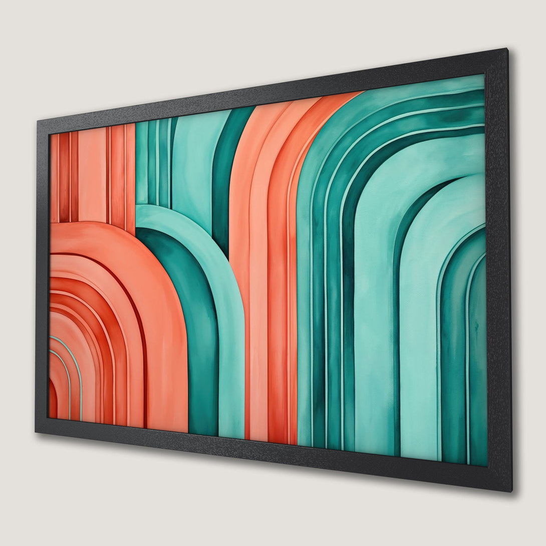 Framed Poster featuring abstract arch design in coral and teal, modern art style.