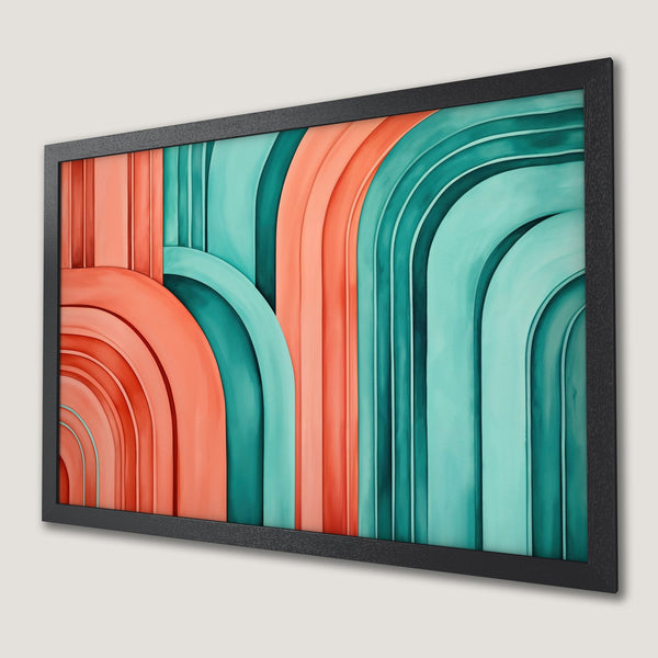 Framed Poster featuring abstract arch design in coral and teal, modern art style.