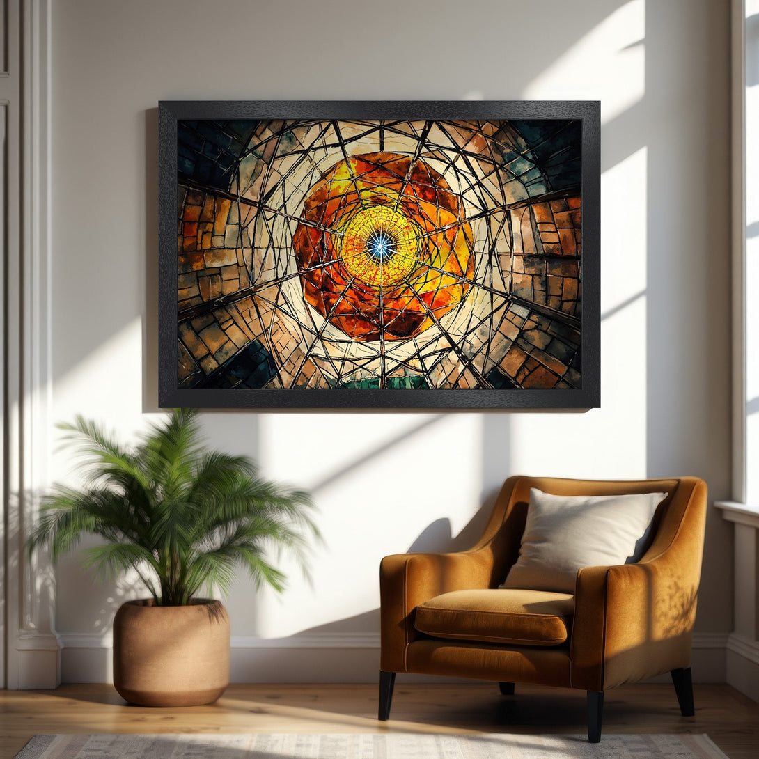 Framed Poster featuring abstract stained glass design in warm orange and blue tones, perfect for modern decor.