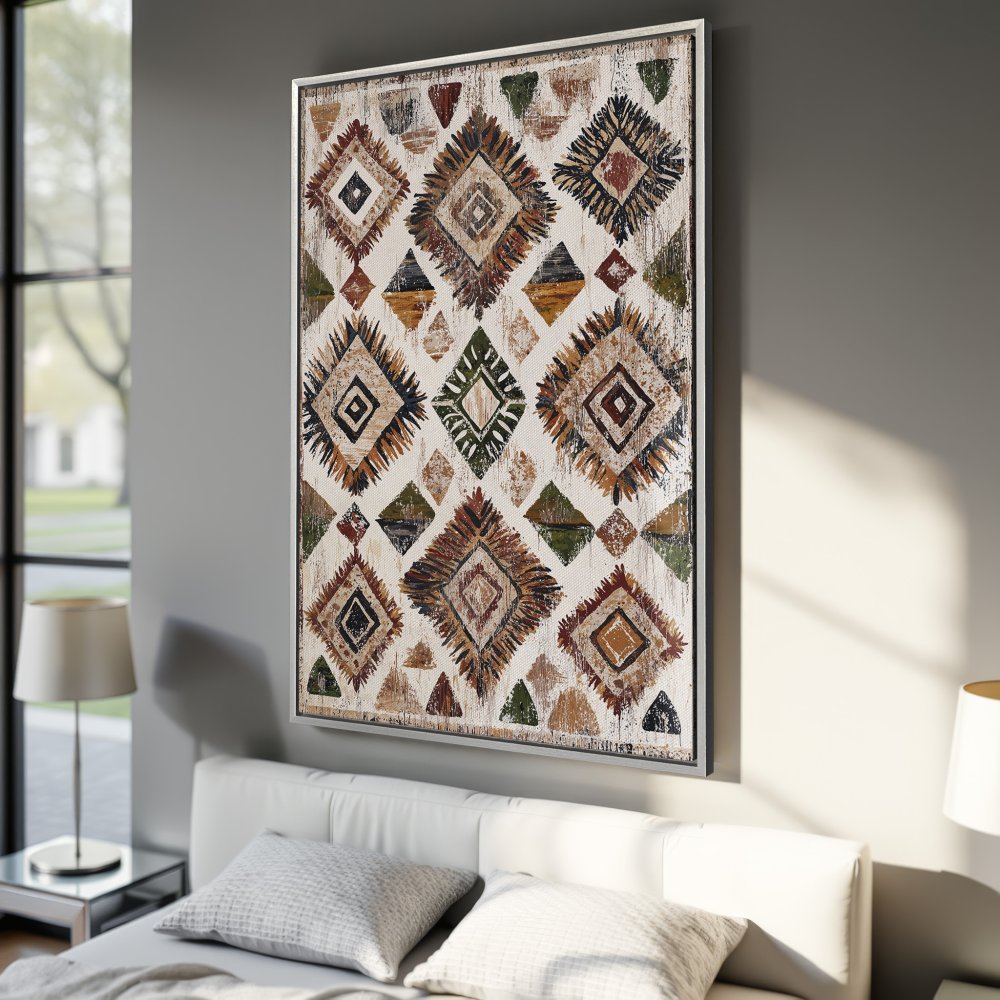 Framed Wall Art: Geometric diamond pattern canvas print in neutral tones. Perfect for adding a touch of boho style to your bedroom decor.