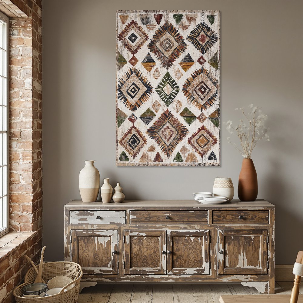 Framed Wall Art featuring an abstract tribal diamond pattern in warm earth tones. Elevate your dining room with this stylish Canvas Print!