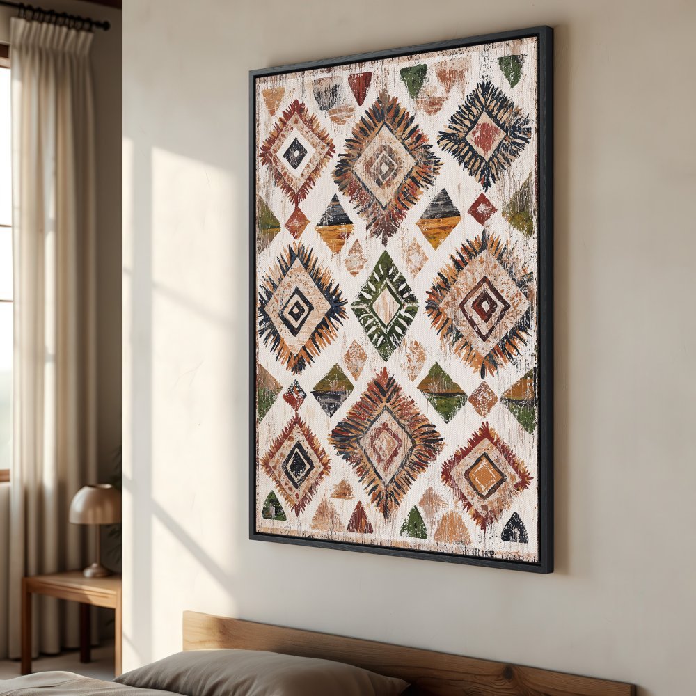 Framed Wall Art: Bohemian-style Canvas Print with geometric diamond pattern in warm earth tones. Perfect for adding a touch of rustic charm to your space!