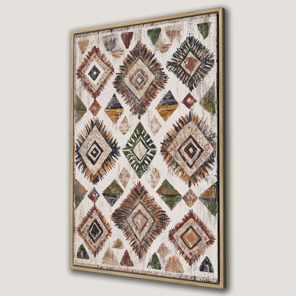 Framed Wall Art: Abstract geometric pattern Canvas Print in earthy tones. Add a touch of bohemian style to your home decor!