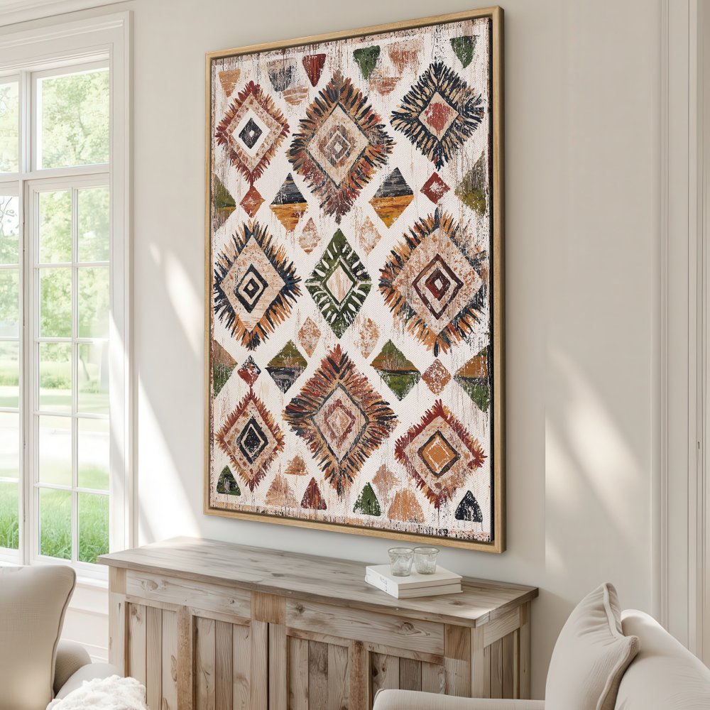 Framed Wall Art: Abstract geometric pattern in earthy tones. Perfect for adding a touch of boho style to your home decor.