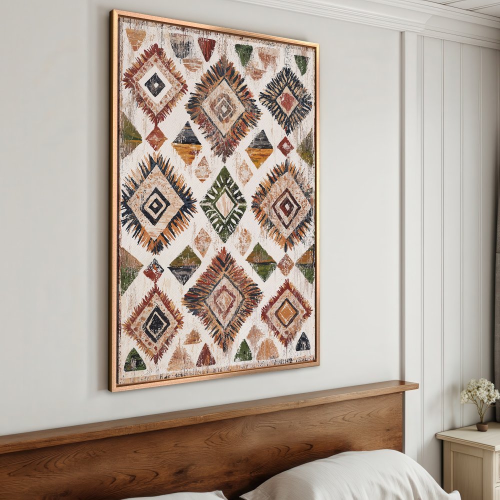 Framed Wall Art: Geometric diamond pattern in earthy tones. Bohemian style canvas print adds warmth and texture to any room.