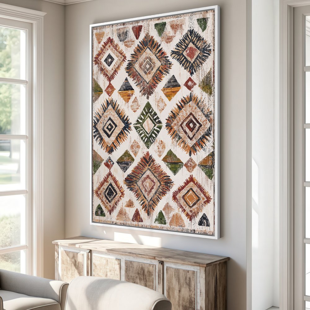Framed Wall Art: Abstract geometric canvas print in warm earth tones (red, orange, green) adds bohemian style to any interior. Shop now!