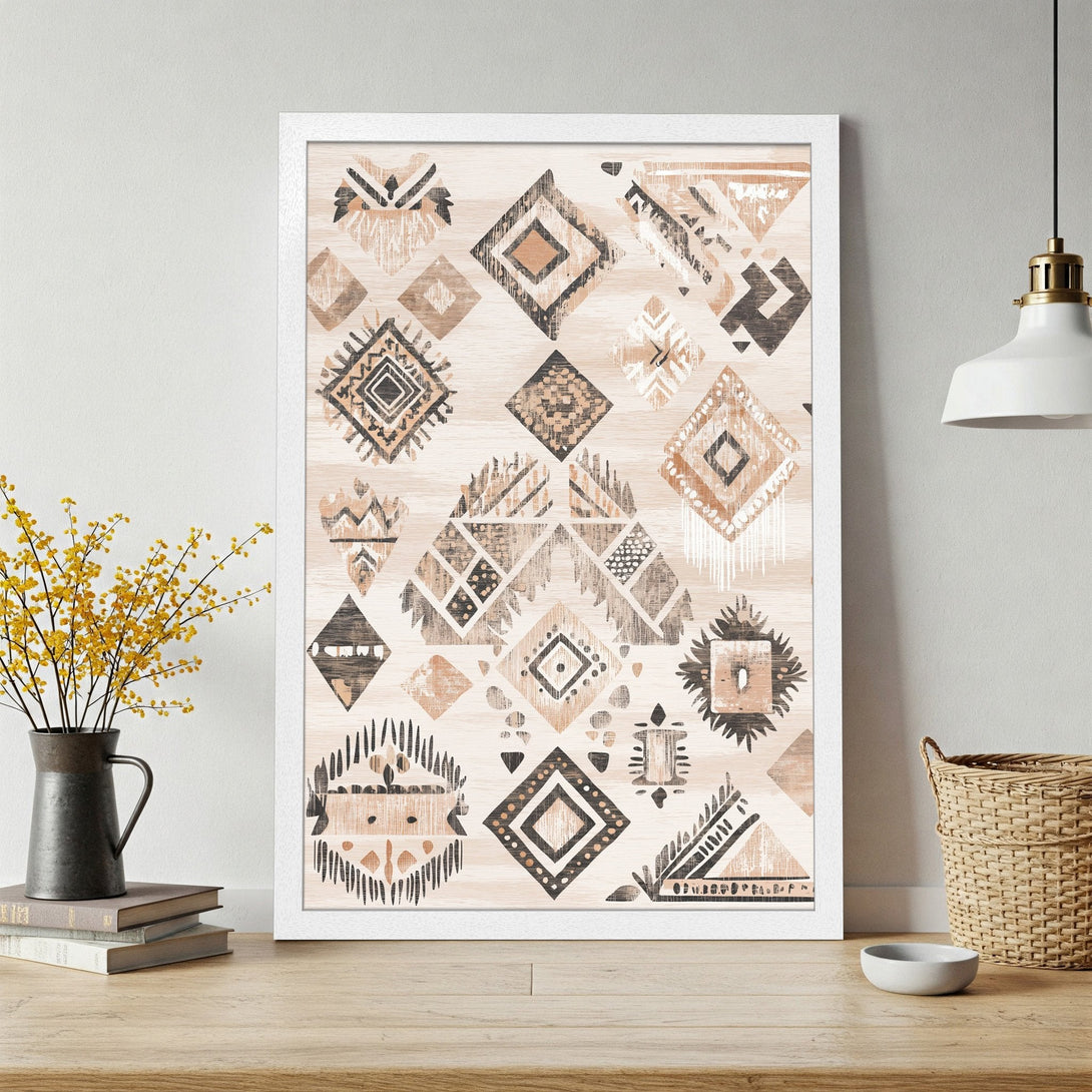 Framed Poster featuring a geometric tribal design in neutral tones. Perfect wall art for a boho-chic living space.