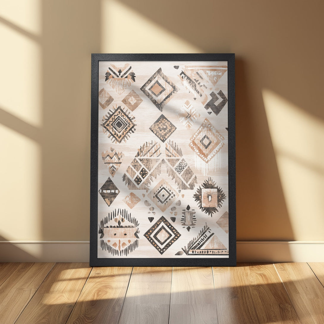 Framed Poster featuring geometric tribal pattern in neutral beige and brown tones. Perfect wall art for a modern, boho aesthetic.