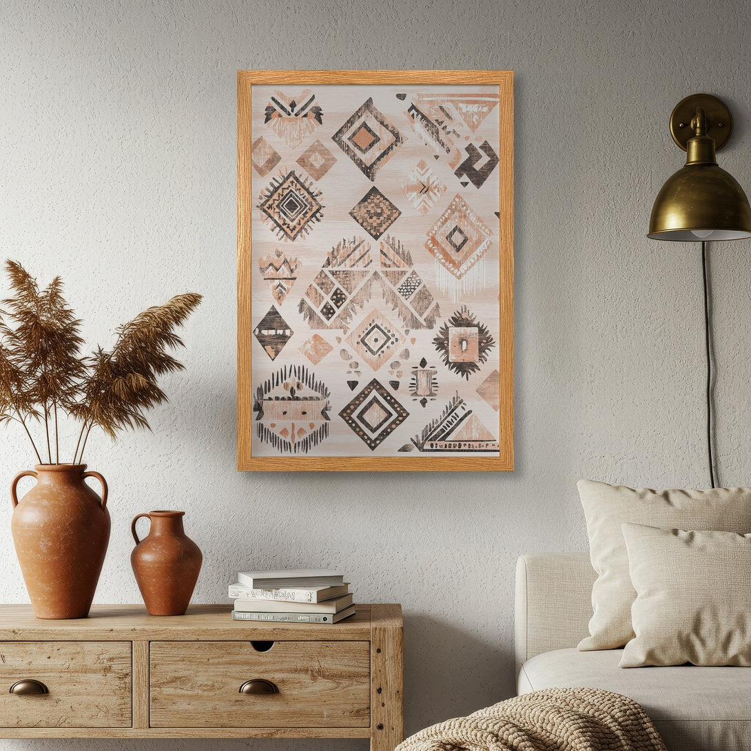 Framed Poster featuring geometric tribal design in neutral beige and brown tones, perfect for boho decor.
