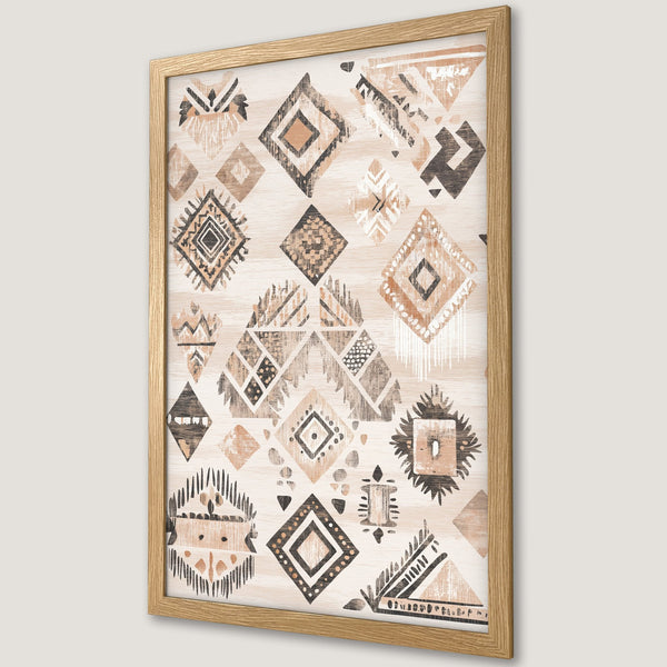 Framed Poster featuring geometric tribal patterns in neutral beige, brown, and black tones. Perfect boho wall art for your home decor!