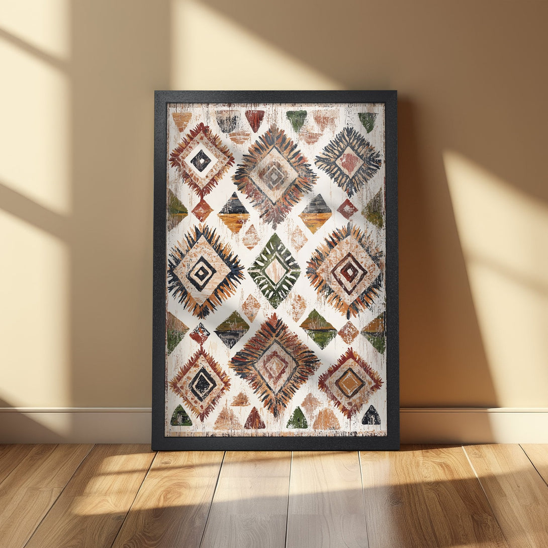 Framed Poster featuring a geometric tribal design in earthy tones. Perfect wall art for a stylish home.