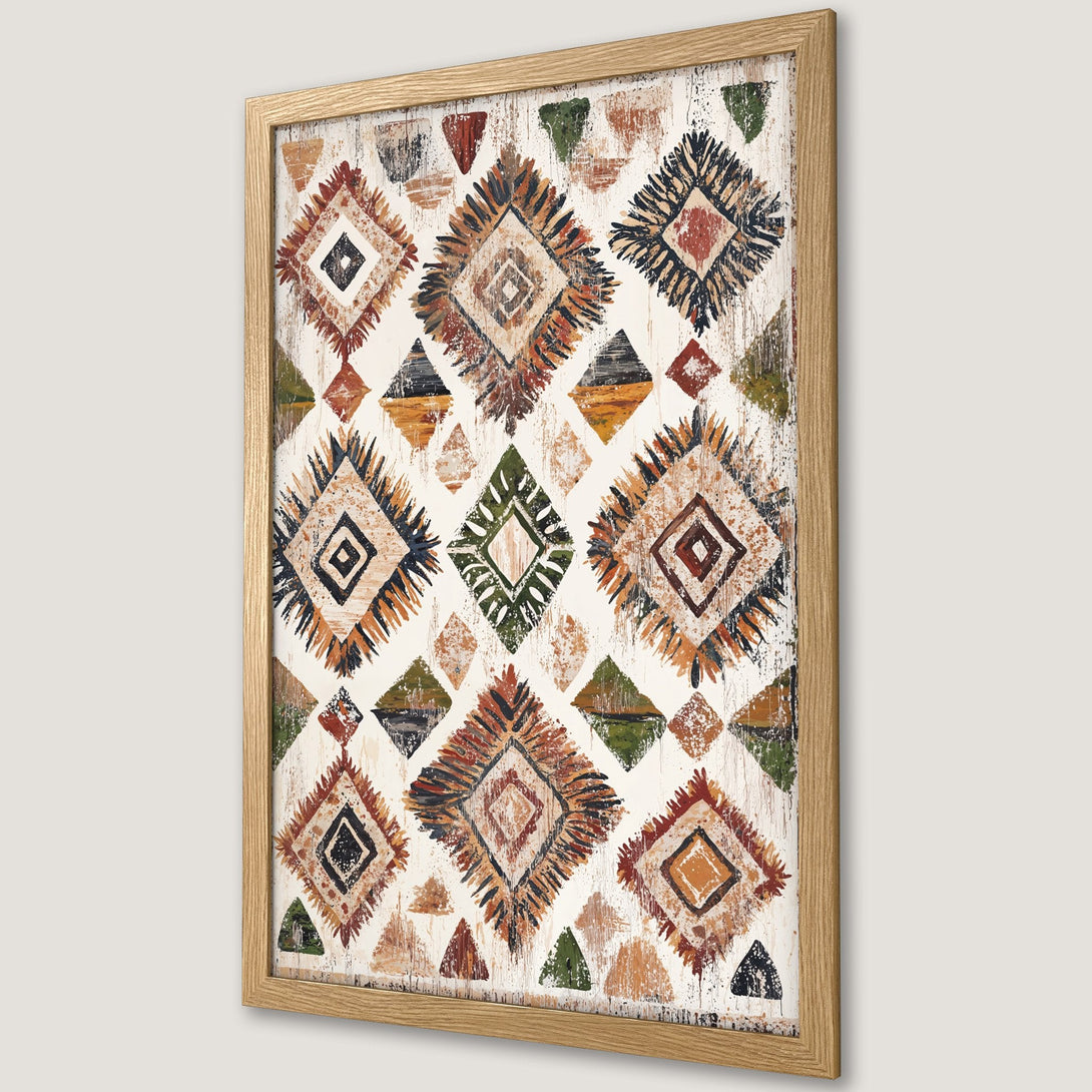 Framed Poster featuring an abstract geometric design in earthy tones. Adds a touch of bohemian style to any space.