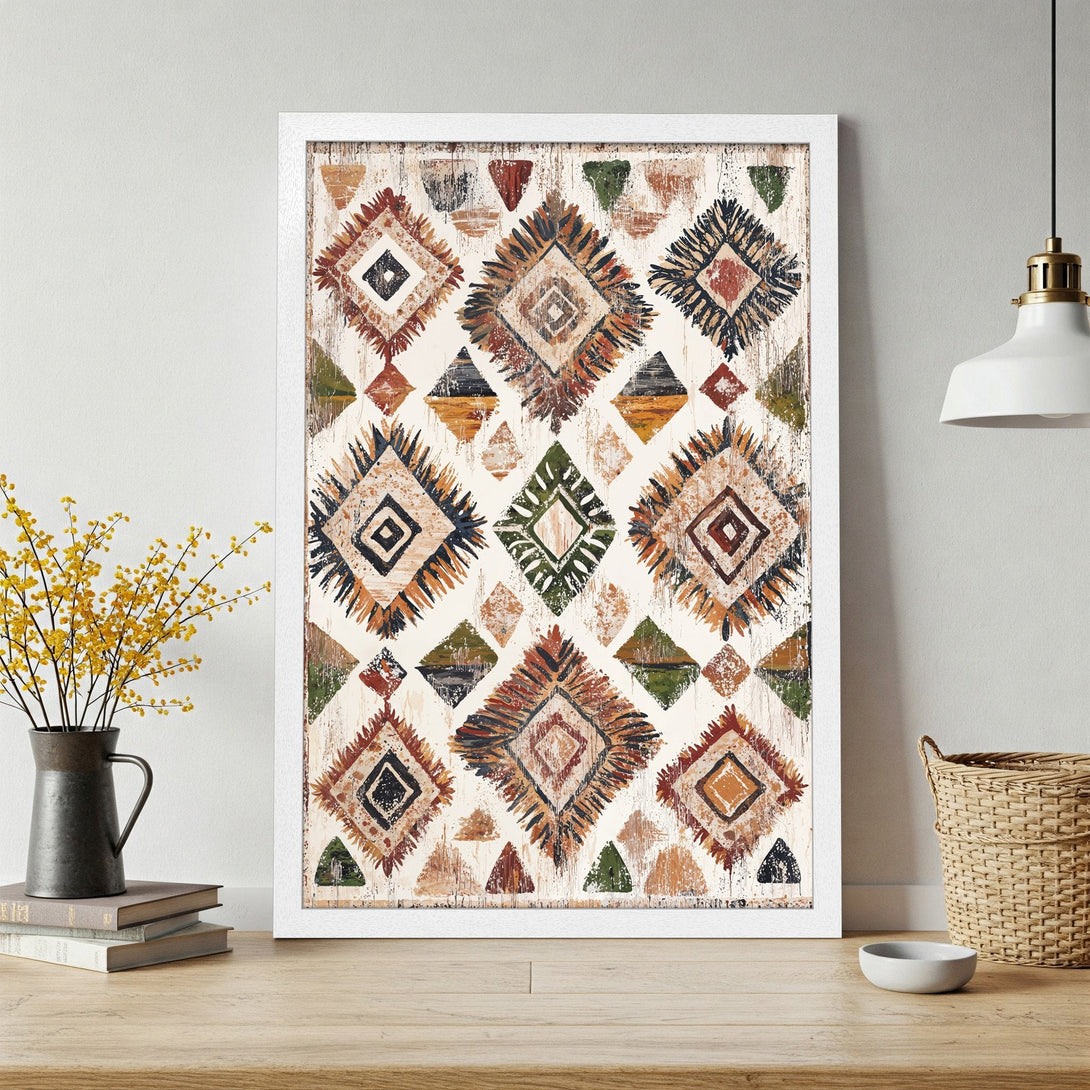 Framed Poster featuring a geometric tribal design in earthy tones. Perfect for adding a touch of bohemian style to your home.