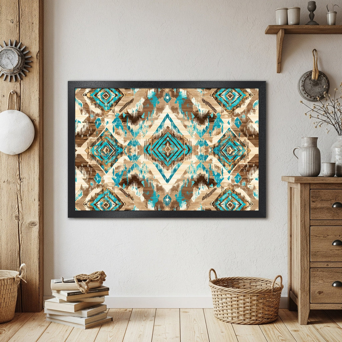 Framed Poster featuring a geometric tribal pattern in teal, brown, and beige. Perfect wall art for a rustic home decor style.