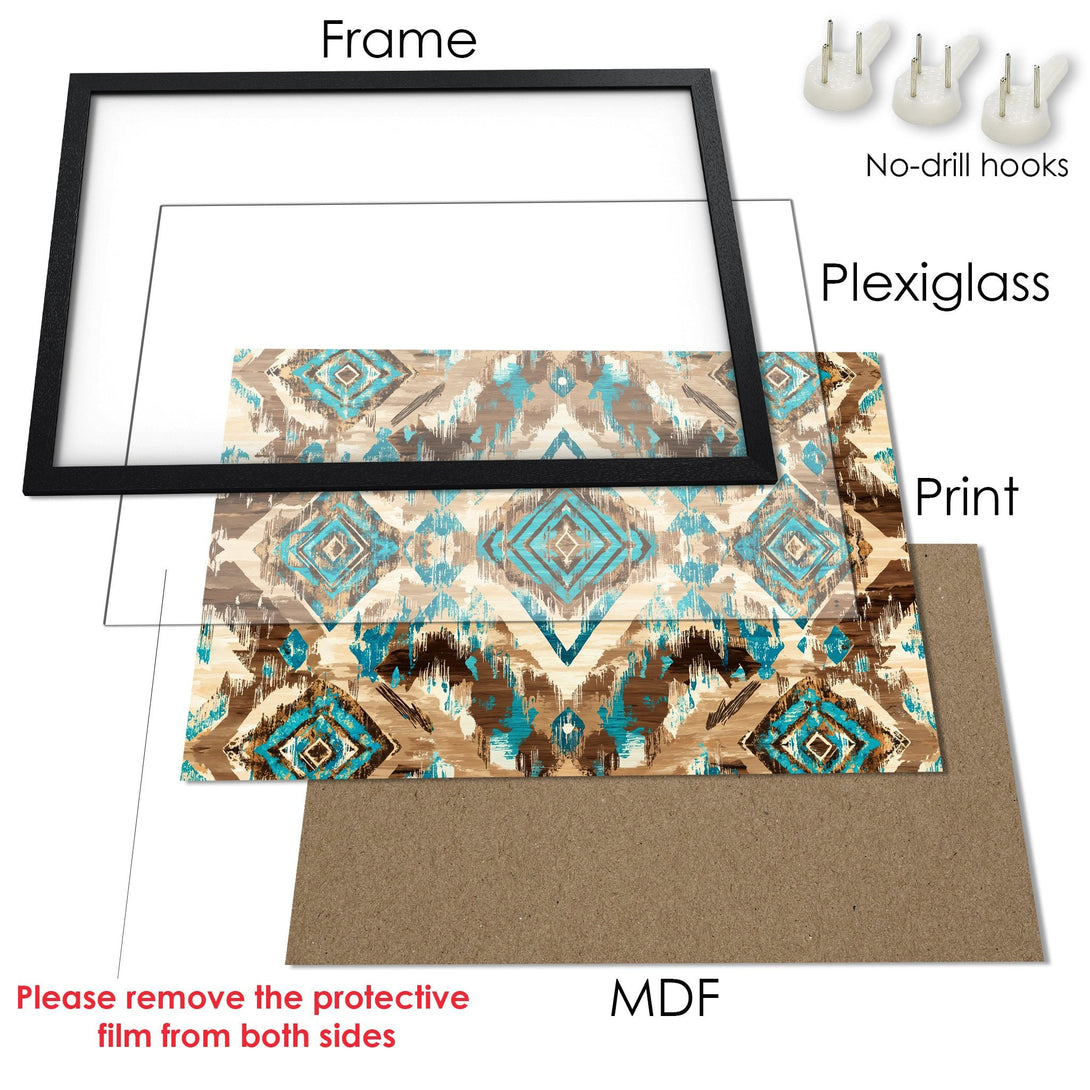 Framed Poster with tribal design in teal and brown tones. Perfect wall art for any space.