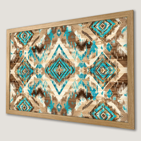 Framed Poster featuring an abstract geometric design in turquoise, brown, and beige. Perfect wall art for modern decor.