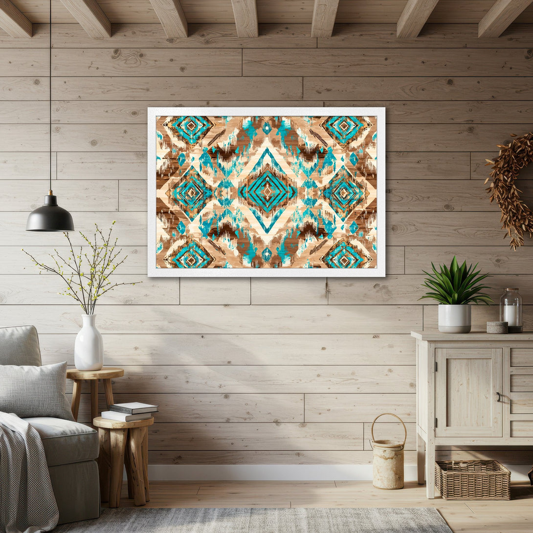 Framed Poster featuring a geometric tribal design in teal and brown, perfect for adding a touch of bohemian style to your home decor.