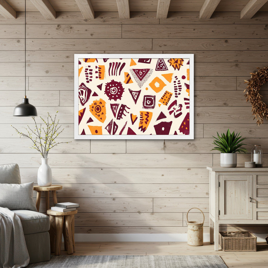 Framed Poster featuring abstract geometric art in warm orange, burgundy, and cream tones. Perfect for adding a touch of modern style.