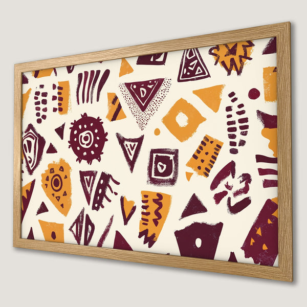 Framed Poster featuring abstract geometric art in warm burgundy and ochre tones. Perfect wall decor!