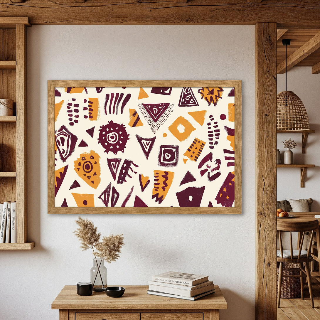 Framed Poster with abstract geometric design in burgundy and gold color palette. Perfect wall art for any room!