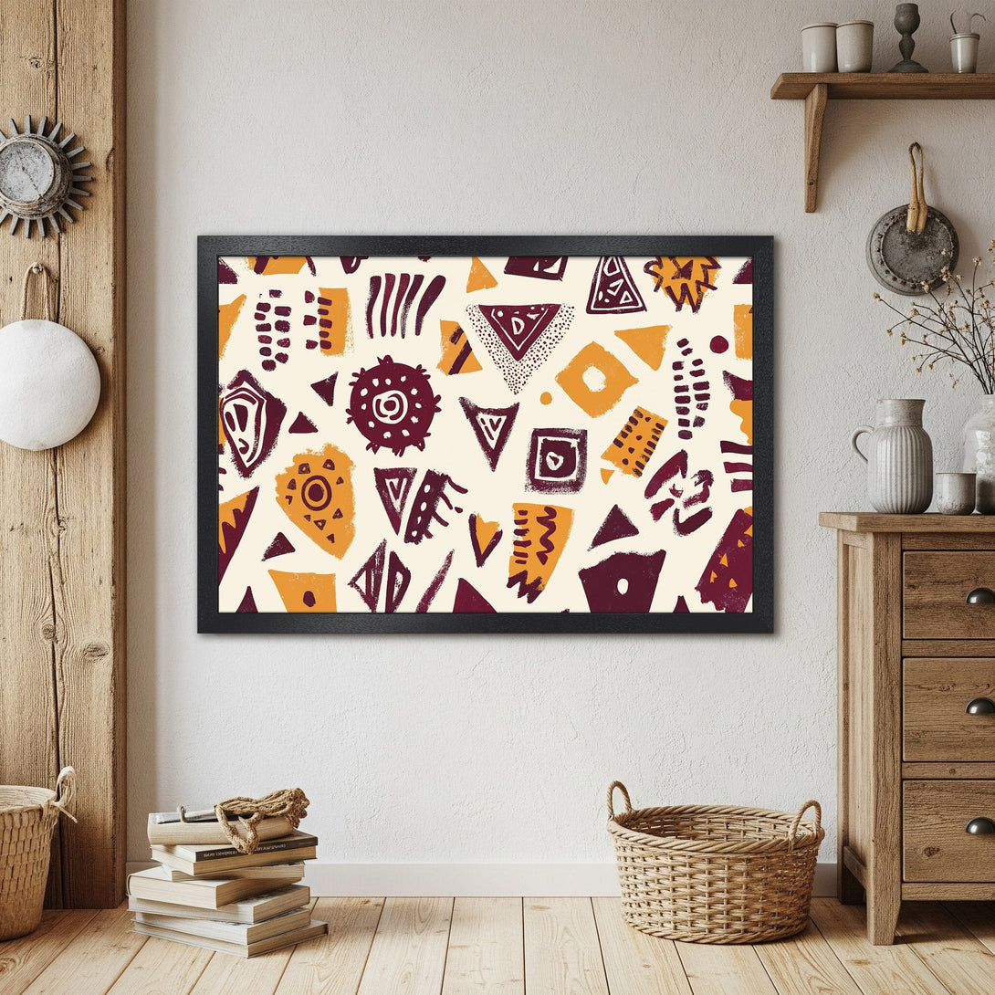 Framed Poster with abstract geometric art in warm orange and burgundy tones. Perfect for modern decor.