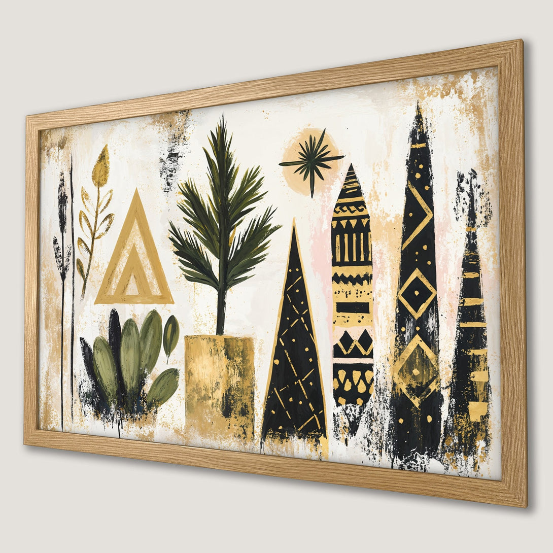 Framed Poster featuring abstract botanical art in a modern style with black, gold, and green color palette. Perfect wall decor!