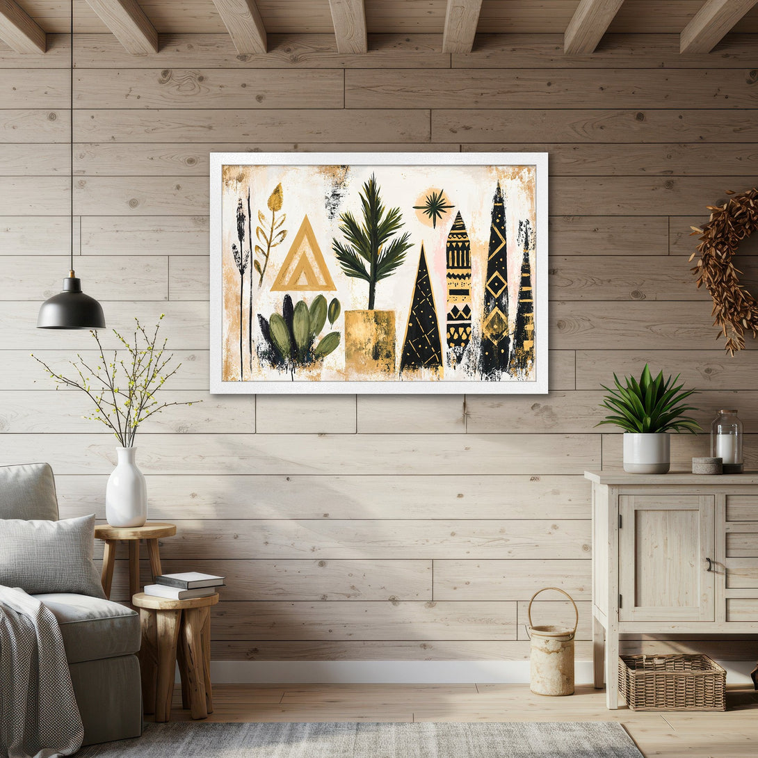 Framed Poster featuring abstract botanical art in black, gold, and green on a neutral background. Modern wall decor for any space.