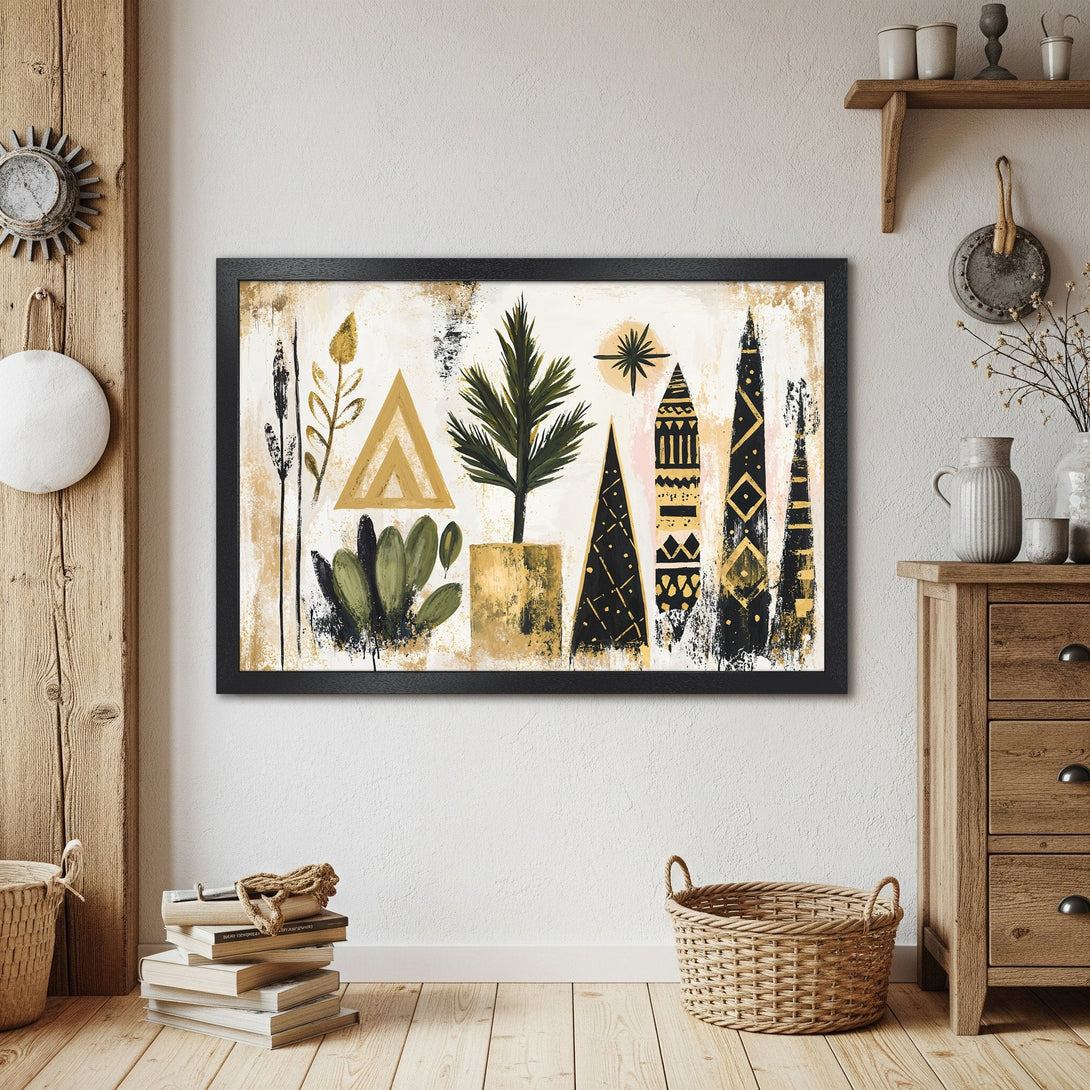 Framed Poster featuring abstract botanical art in gold, black, and beige tones. Modern wall art for home decor.