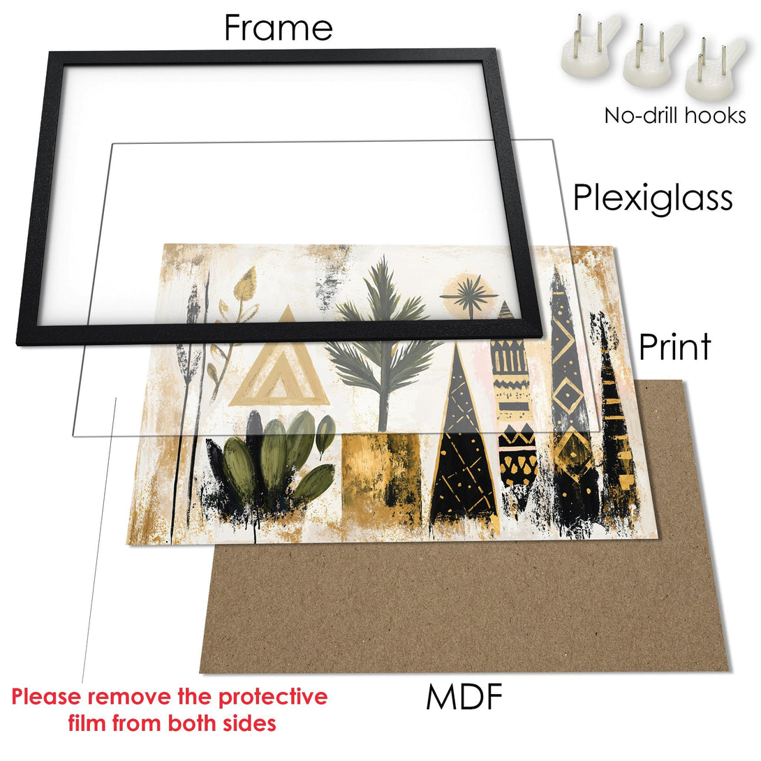 Framed Poster with abstract art in black, gold, and green. Modern wall art to elevate your space.
