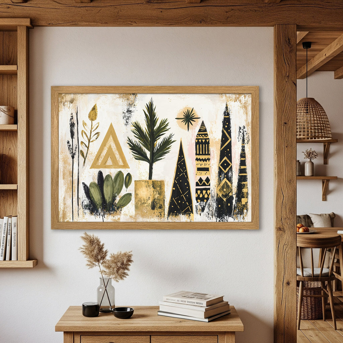 Framed Poster featuring abstract botanical art in a neutral color palette with gold accents. Perfect wall decor!