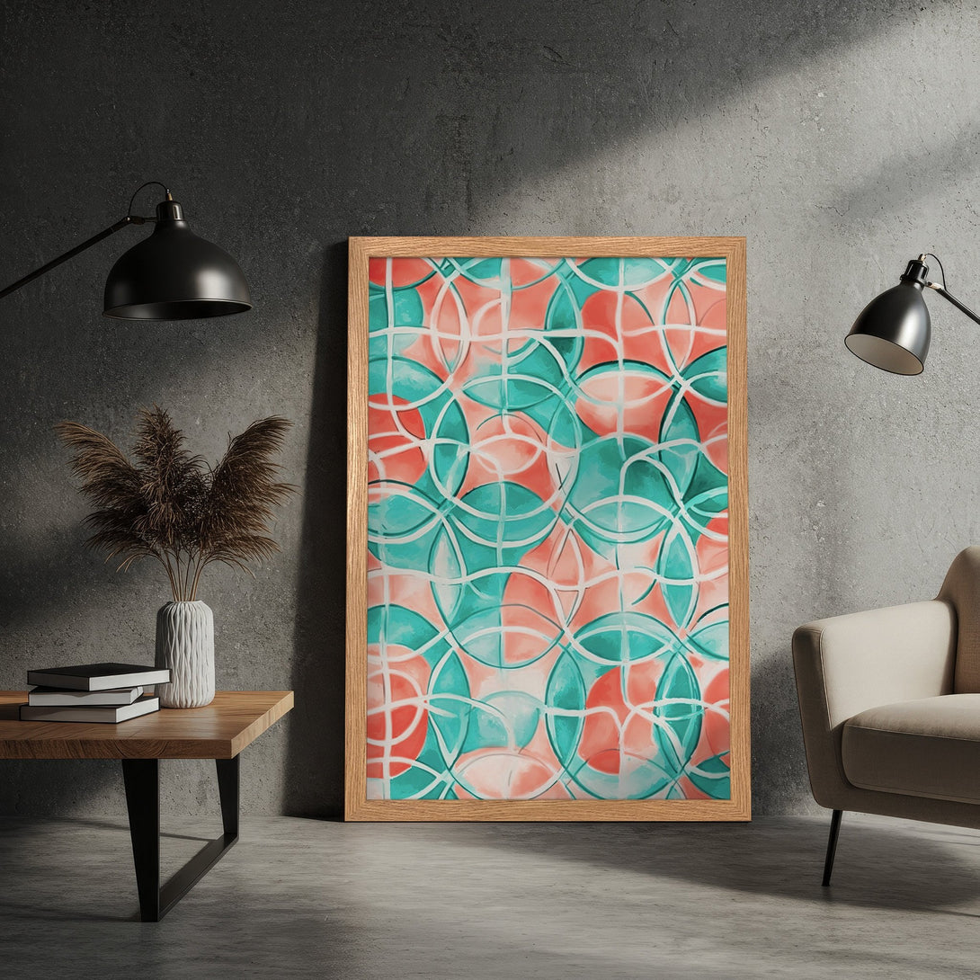 Framed Poster featuring abstract geometric art in teal, coral, and white. Modern wall decor for your home.