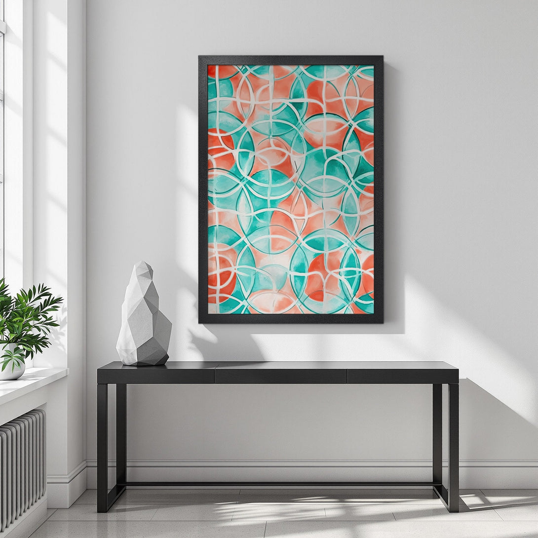 Framed Poster featuring abstract geometric art in teal, coral, and white. Modern wall art for home decor.
