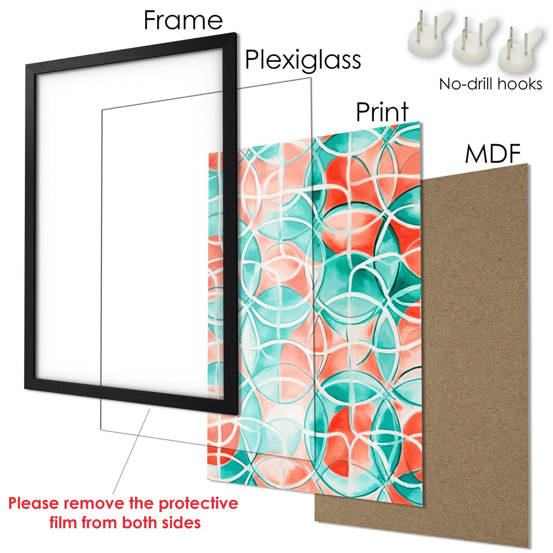Framed Poster with abstract geometric art in teal and coral. Modern wall decor with easy-to-hang design.