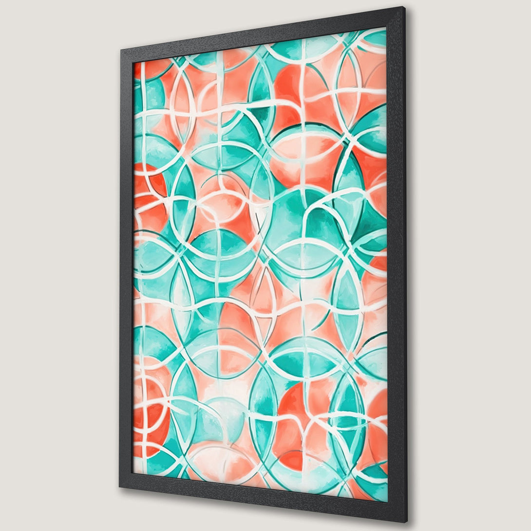 Framed Poster featuring an abstract geometric design in teal, coral, and white. Modern art print for home decor.