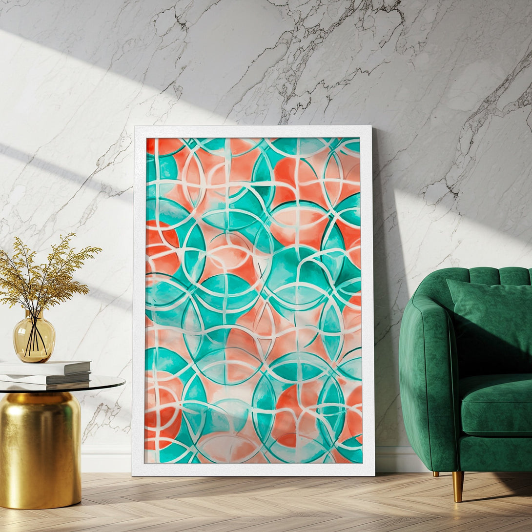 Framed Poster featuring abstract geometric design in teal and coral hues. Modern art print perfect for home decor.