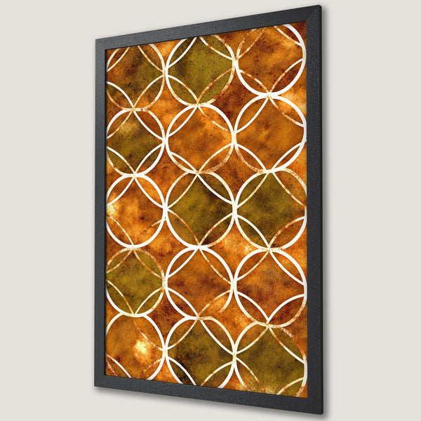 Framed Poster featuring an abstract geometric design in warm orange and olive tones. Modern art print for home decor.