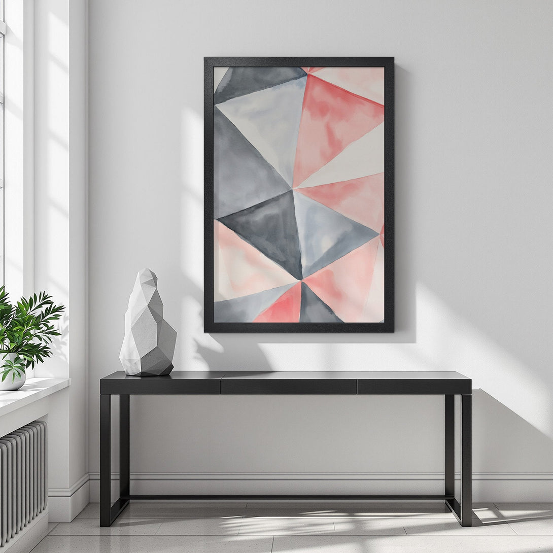 Framed Poster featuring an abstract watercolor design in pink, gray, and white. Modern art for your home!