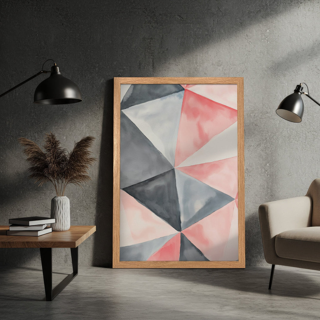 Framed Poster featuring abstract watercolor geometric art in pink, gray, and white. Modern wall decor for any space.