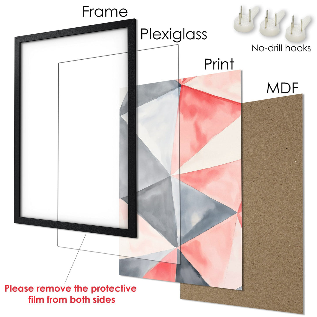 Framed Poster with abstract geometric art in watercolor style. Features a pink, gray, and white color palette. Ready to hang.