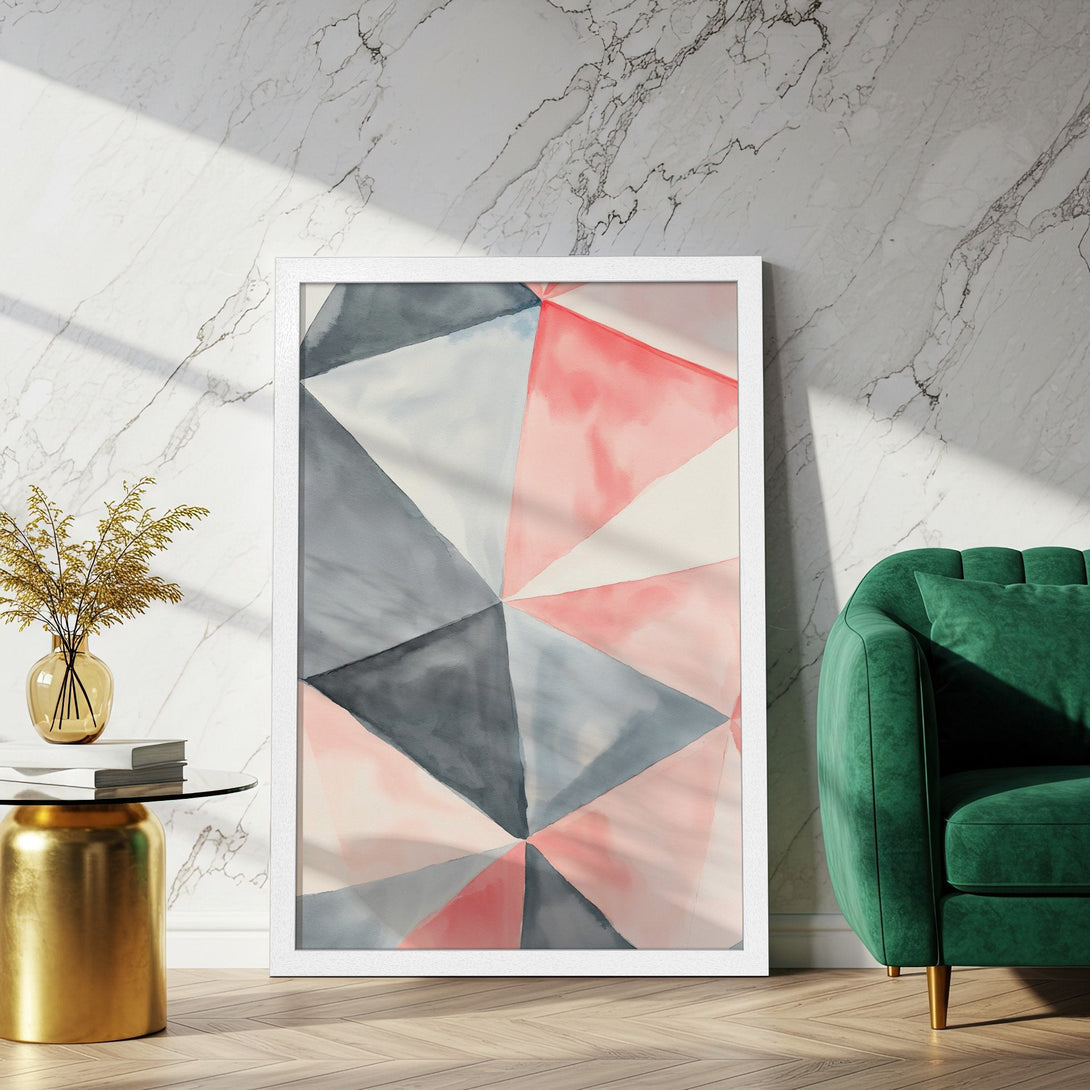 Framed Poster featuring an abstract geometric design in watercolor style, showcasing a palette of pink, gray, and white. Perfect wall art!