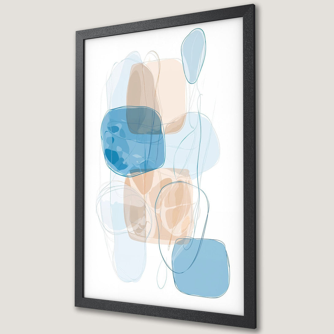 Framed Poster featuring abstract shapes in blue and beige tones, a modern art style perfect for any space.