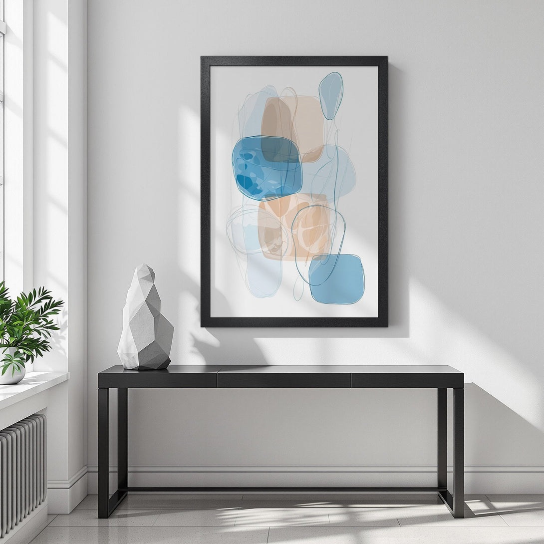 Framed Poster featuring abstract art with blue and tan shapes, perfect for modern home decor.